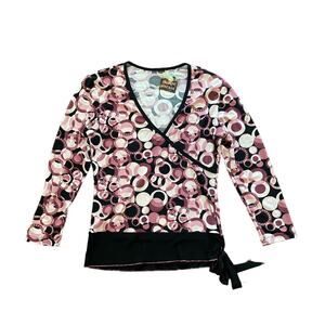 1990s VTG Retro Pink Purple Mod Circle Patterned Faux Wrap Top Size Small